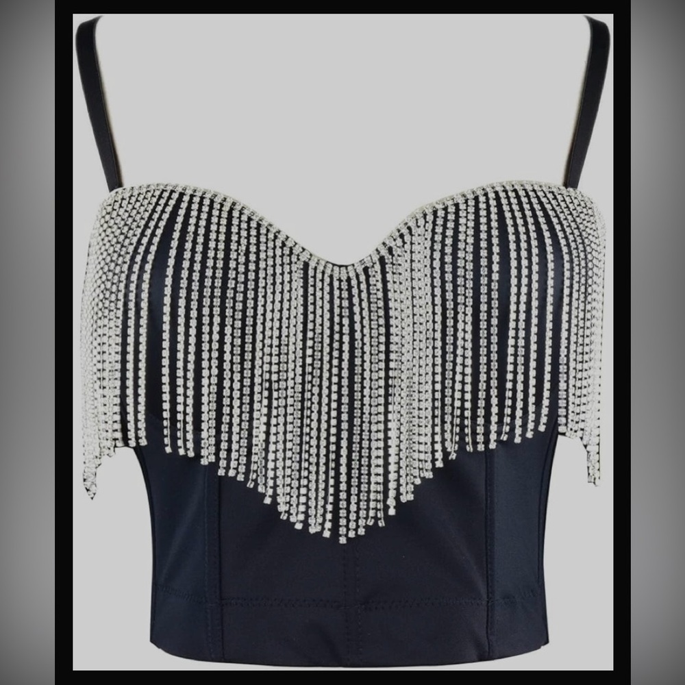NWOT ELLACCI Women's Tassel Rhinestone Bustier Crop Top Corset Top Bra